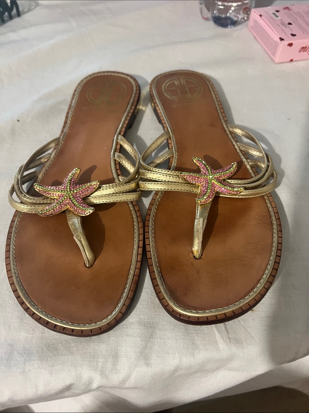 Lilly Pulitzer Gold Leather Starfish Thong Sandals with Pink Accents